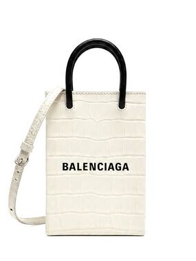 Balenciaga White Croc-Embossed Mini Shopping Tote Crossbody Top Handle Bag